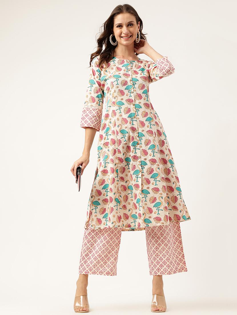 cream floral printed kurta palazzo set