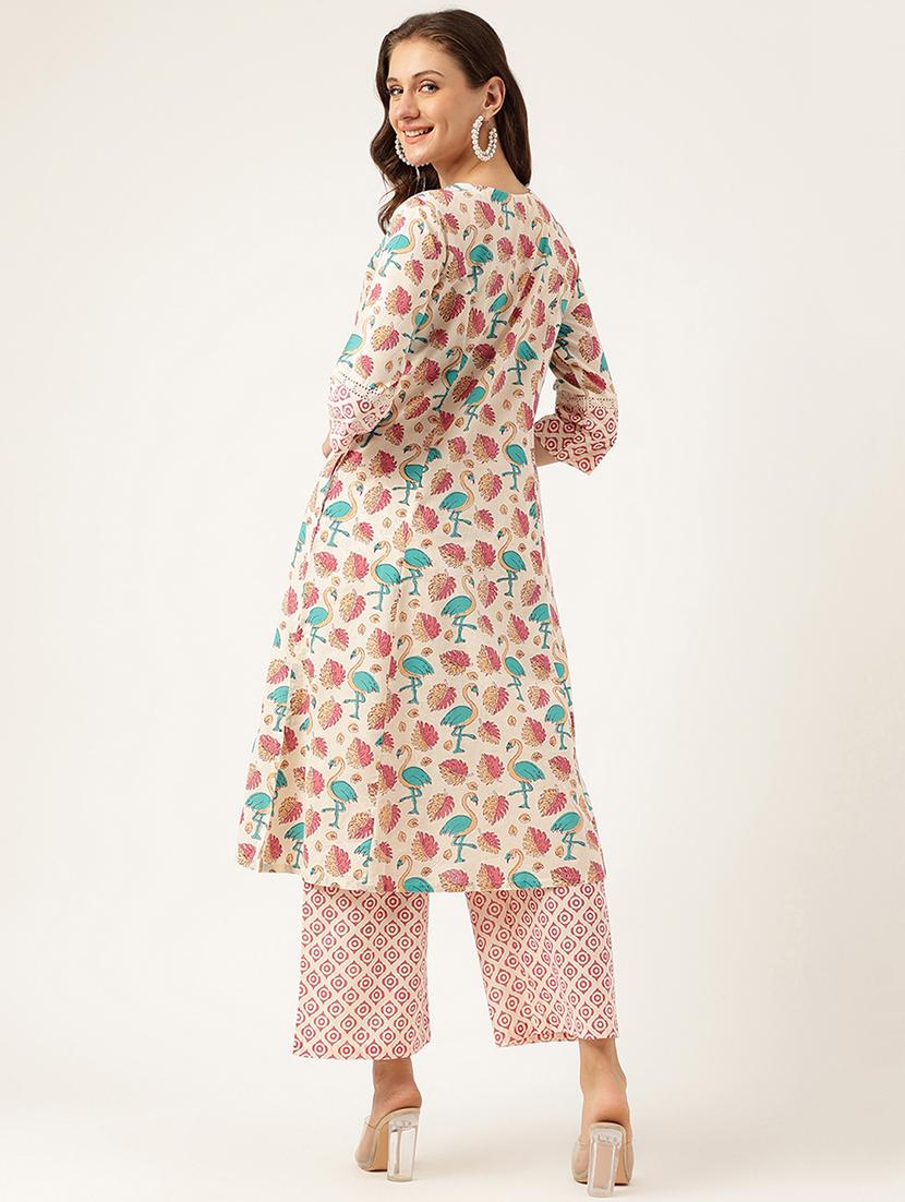 cream floral printed kurta palazzo set - 19948067 - Standard Image - 3