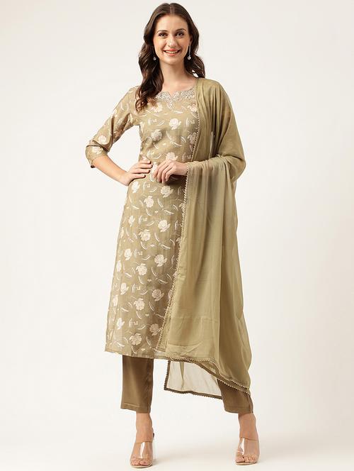 olive floral printed kurta pant with dupatta set - 19948068 - Standard Image - 0