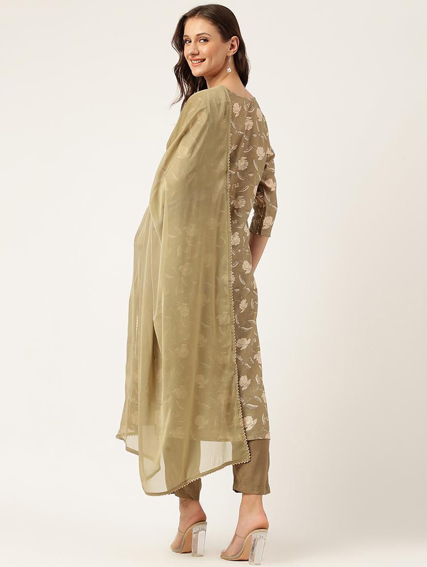 olive floral printed kurta pant with dupatta set - 19948068 - Standard Image - 3