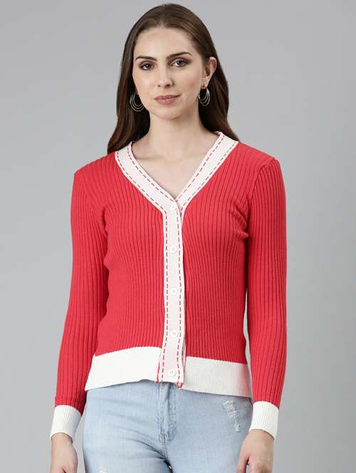 red color block cardigan - 19948272 -  Standard Image - 0