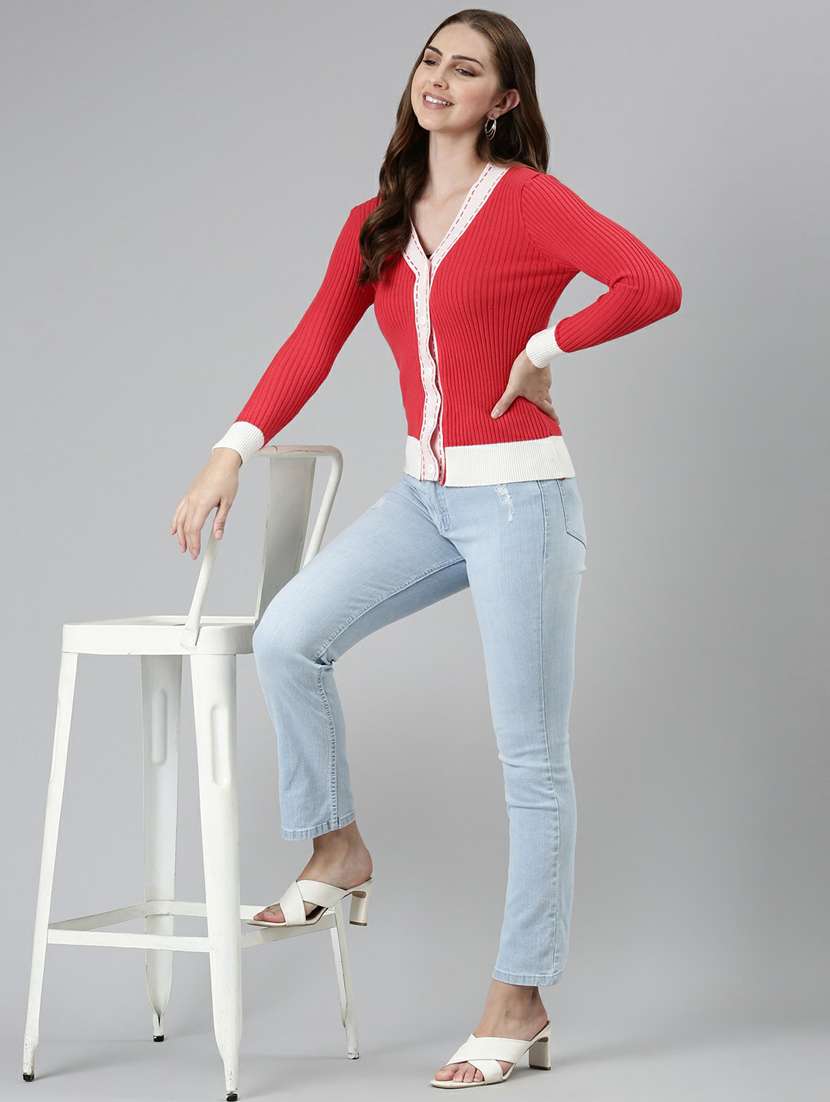 red color block cardigan - 19948272 -  Standard Image - 5
