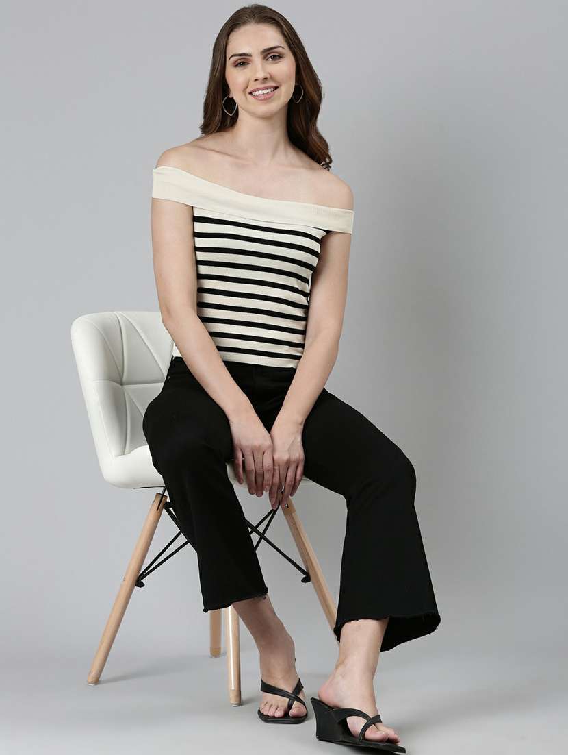 women's beige & black off shoulder top - 19948395 -  Standard Image - 3