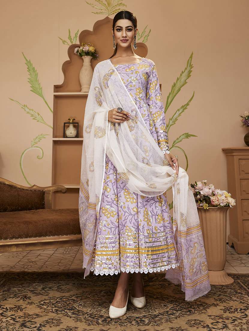 purple floral printed kurta pant with dupatta set
