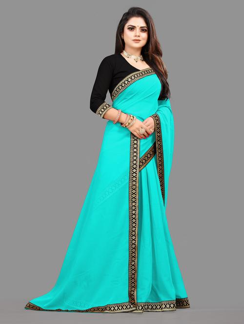 women's bordered turquoise colored saree with blouse - 19949197 - Standard Image - 0