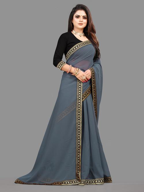 women's bordered grey colored saree with blouse - 19949220 - Standard Image - 0