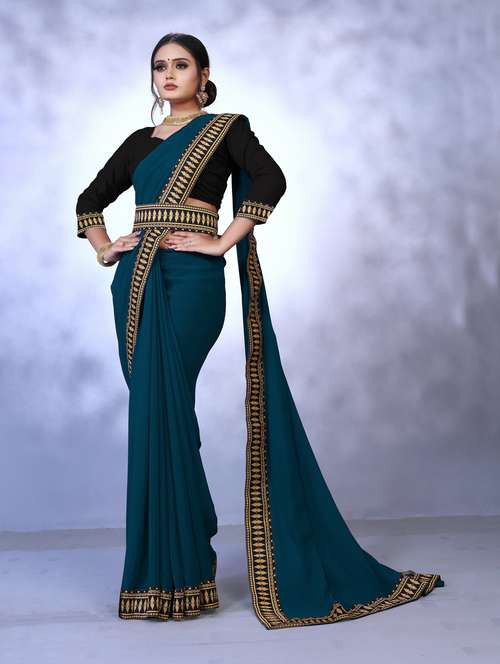 women's bordered royal blue colored saree with blouse - 19949817 - Standard Image - 0
