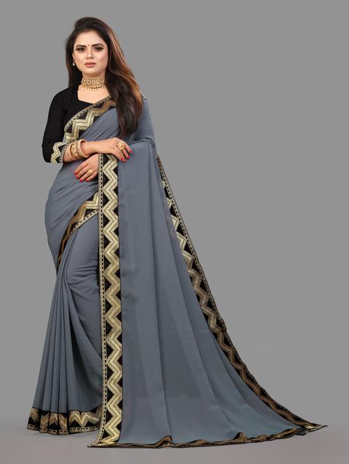 women's bordered royal blue colored saree with blouse - 19950128 - Standard Image - 0