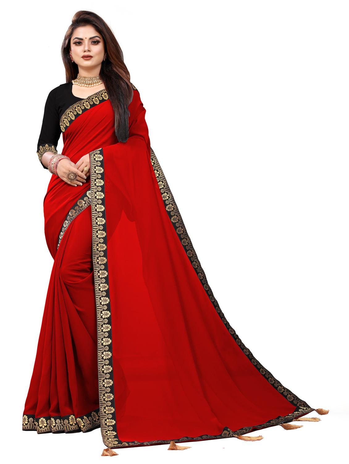 women's solid with work red colored saree with blouse