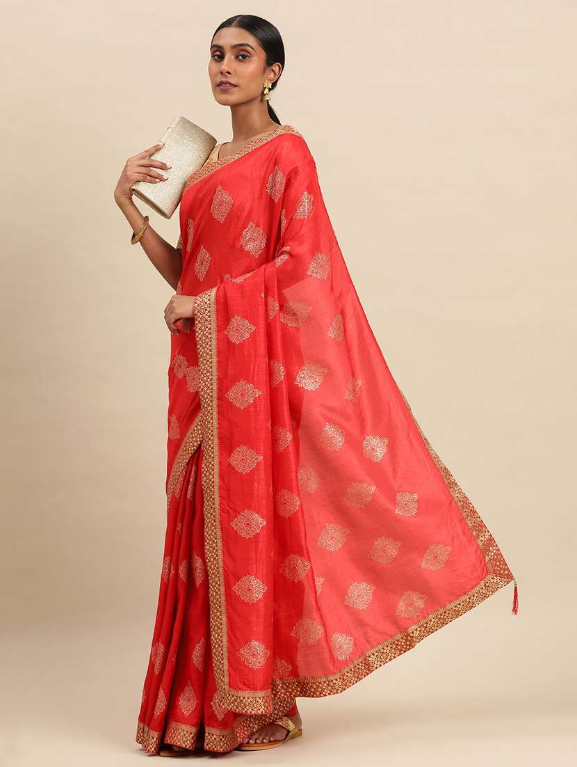 women's foil print red colored saree