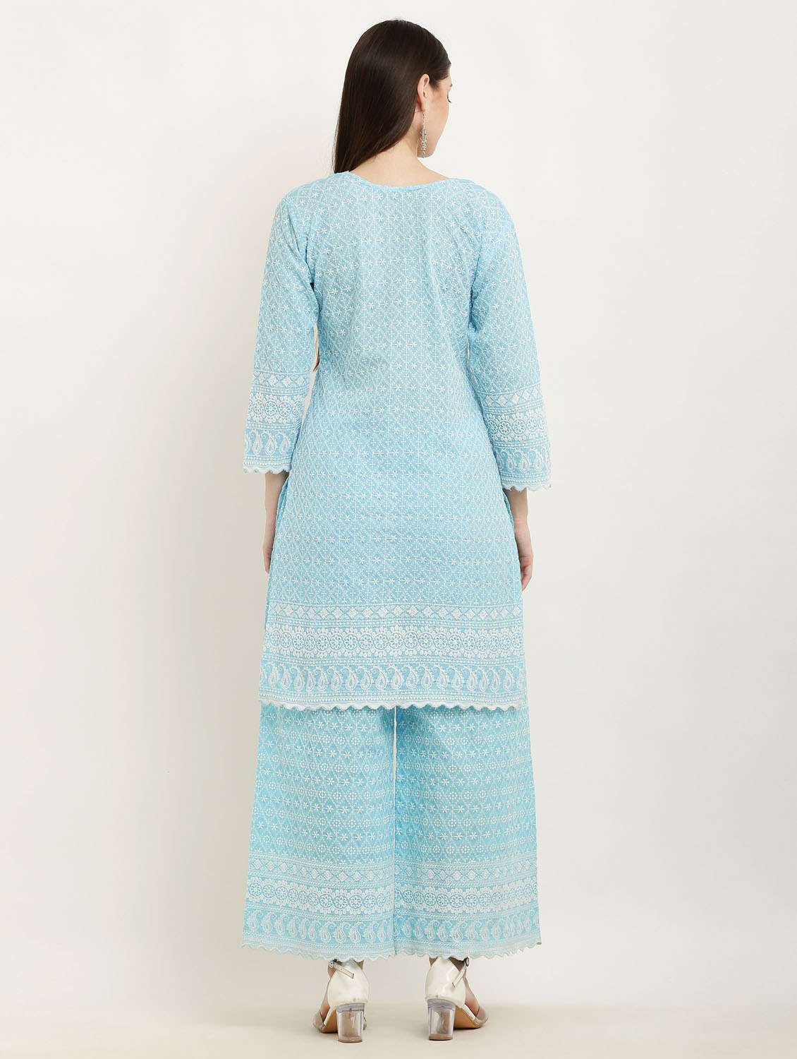 women light blue three quarter sleeve kurta palaazo set - 19953460 - Standard Image - 3