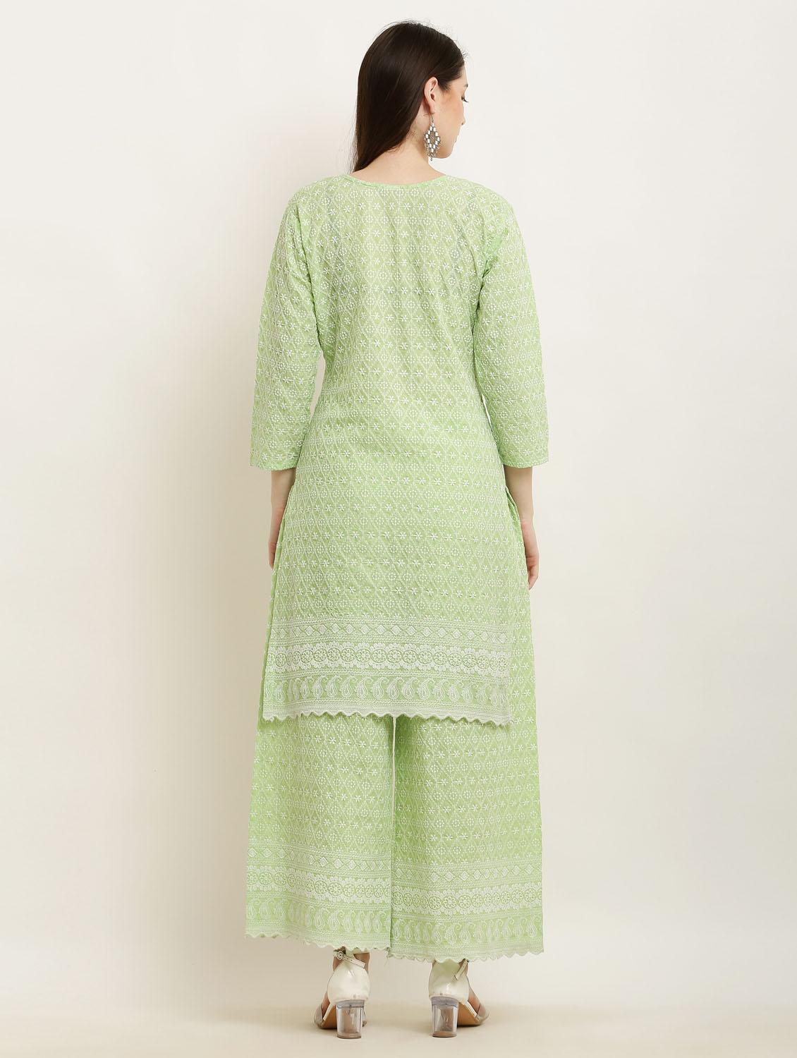 green chikankari kurta palazzo set - 19953461 - Standard Image - 3