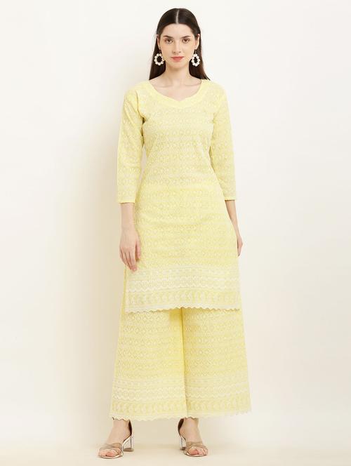 women yellow chikankari kurta palazzo set - 19953464 -  Standard Image - 0