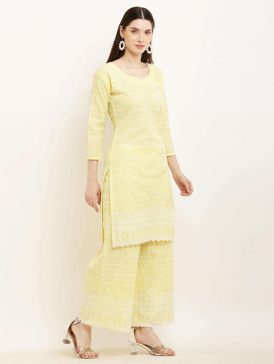 women yellow chikankari kurta palazzo set - 19953464 -  Standard Image - 3