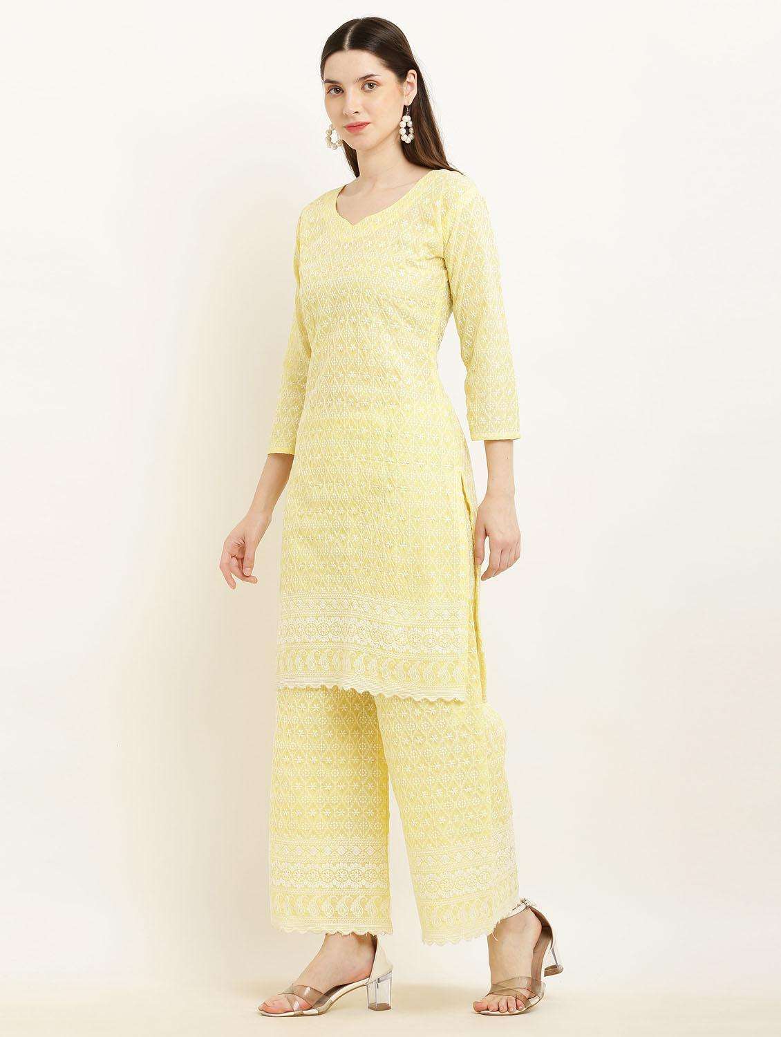 women yellow chikankari kurta palazzo set - 19953464 -  Standard Image - 5