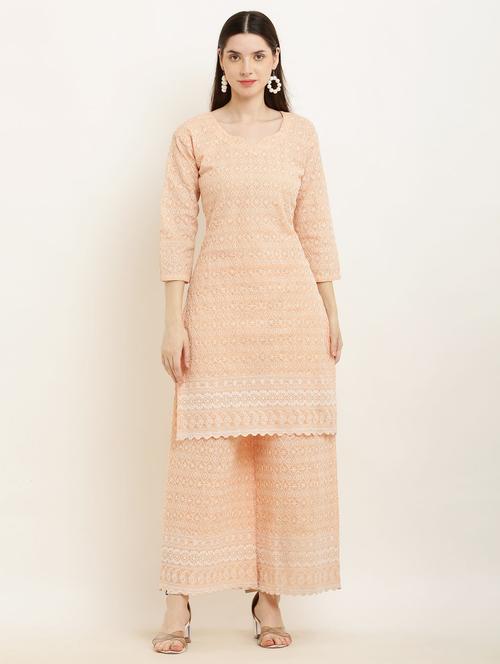 peach chikankari kurta palazzo set - 19953465 - Standard Image - 0