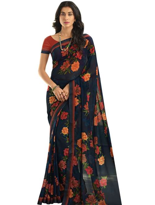 women's floral navy blue colored saree with blouse - 19954074 -  Standard Image - 0