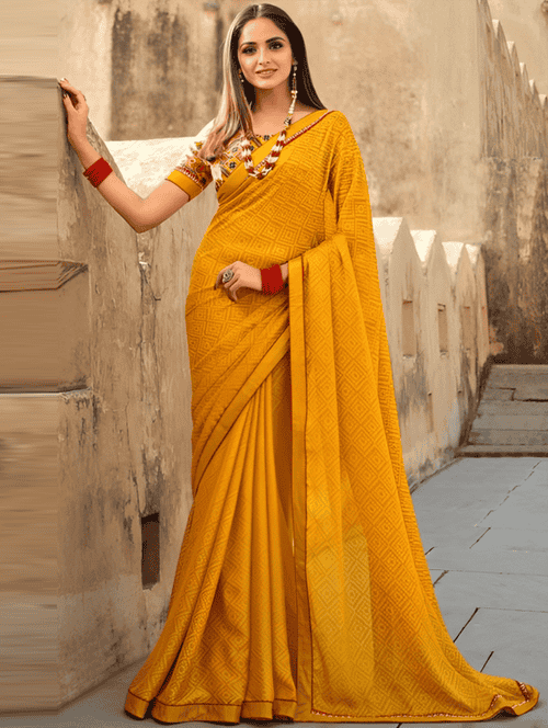 women's geometric mustard colored saree with blouse - 19954089 -  Standard Image - 0