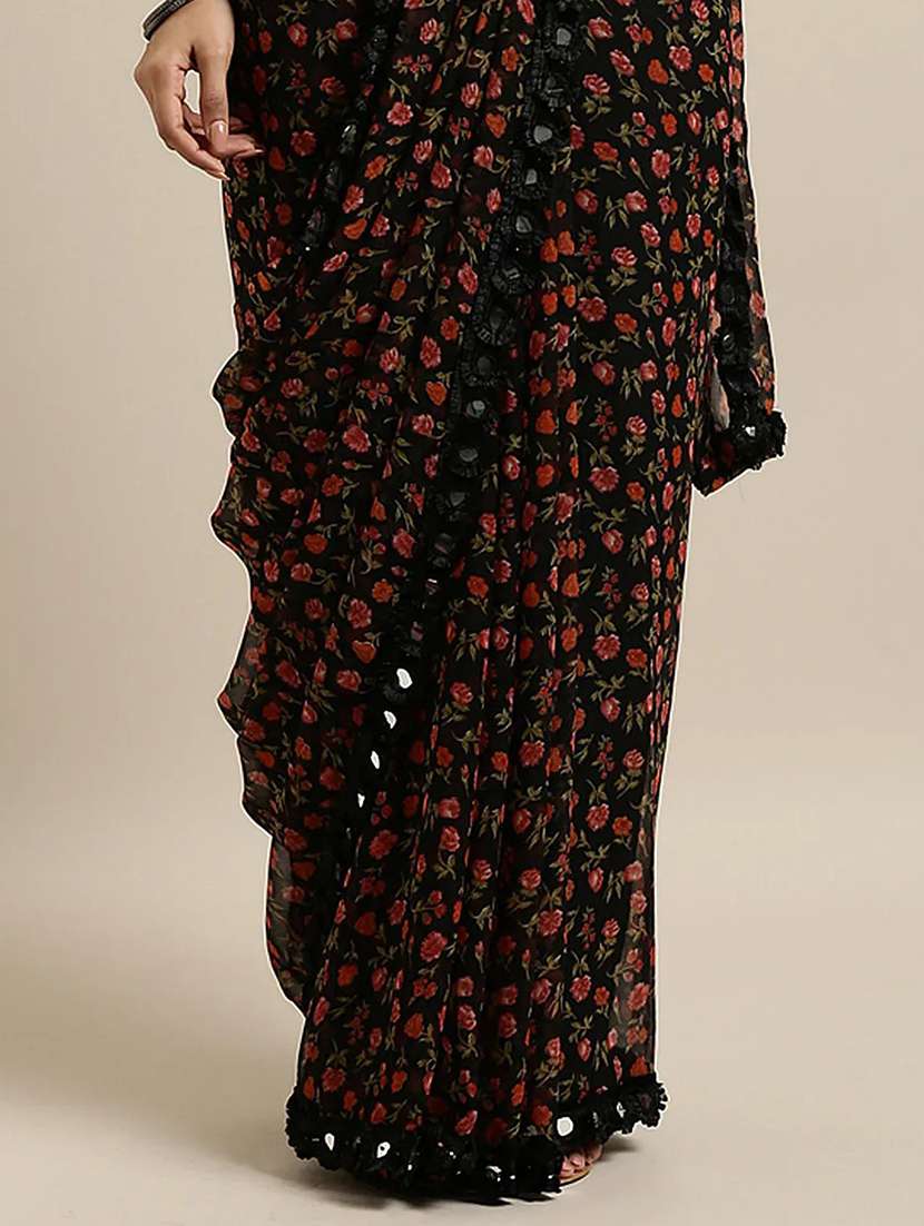 women's floral black colored saree with blouse - 19954109 -  Standard Image - 3