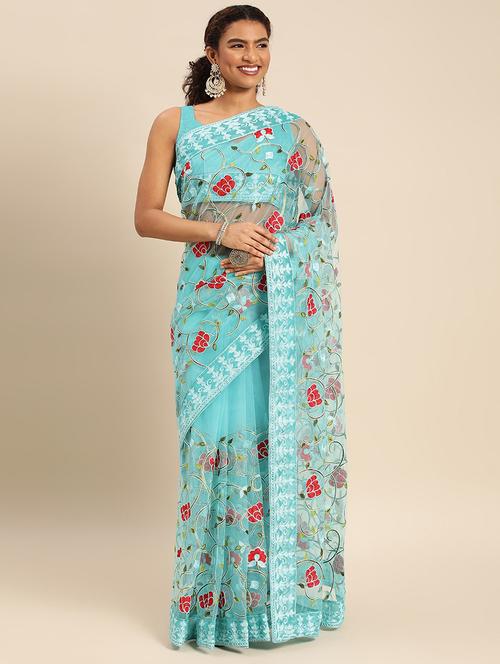 green embroidered saree with blouse - 19954375 - Standard Image - 0