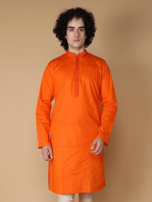 orange solid mandarin neck long kurta - 19954976 - Standard Image - 0