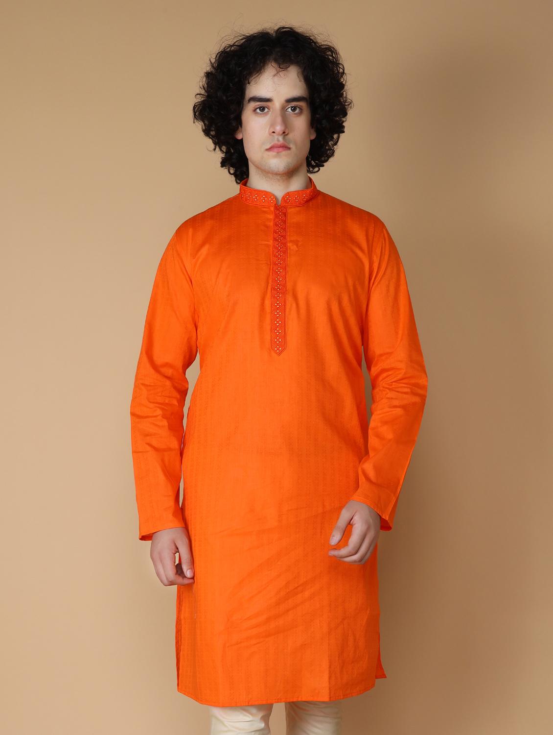 orange solid mandarin neck long kurta - 19954976 - Zoom Image - 0