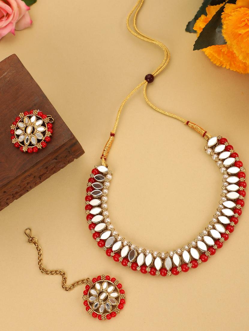 zaffrecollections stylish mirror and red pearl choker set with maang tikka for women and girls - 19955252 - Zoom Image - 0