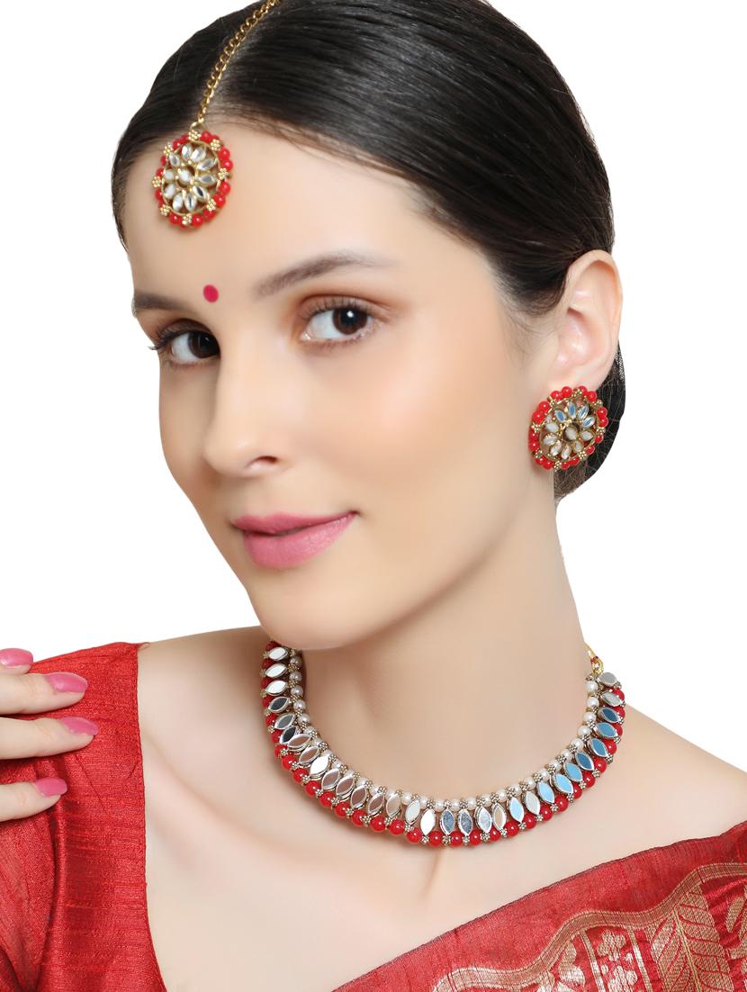 zaffrecollections stylish mirror and red pearl choker set with maang tikka for women and girls - 19955252 - Standard Image - 5