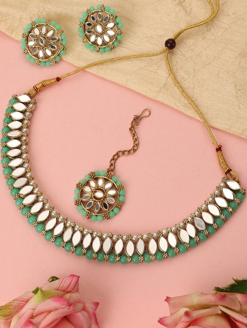 zaffrecollections stylish mirror and sea green pearl choker set with maang tikka for women and girls - 19955253 - Zoom Image - 0