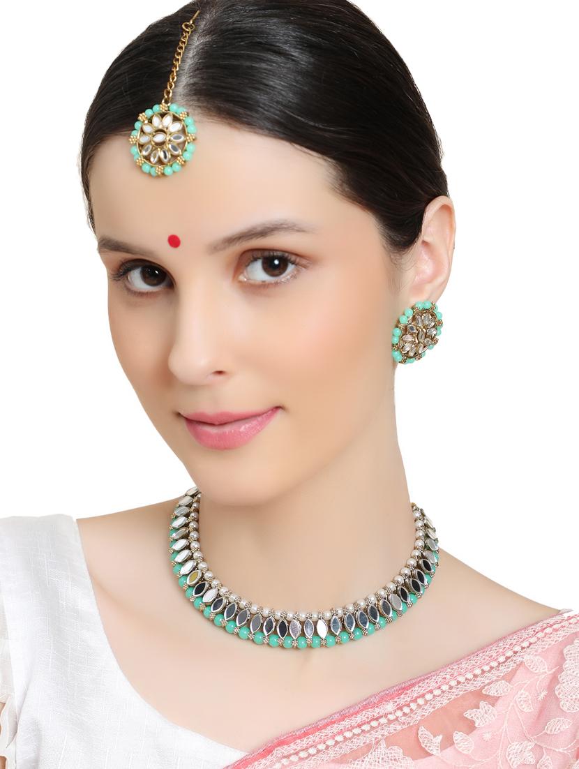 zaffrecollections stylish mirror and sea green pearl choker set with maang tikka for women and girls - 19955253 - Standard Image - 5