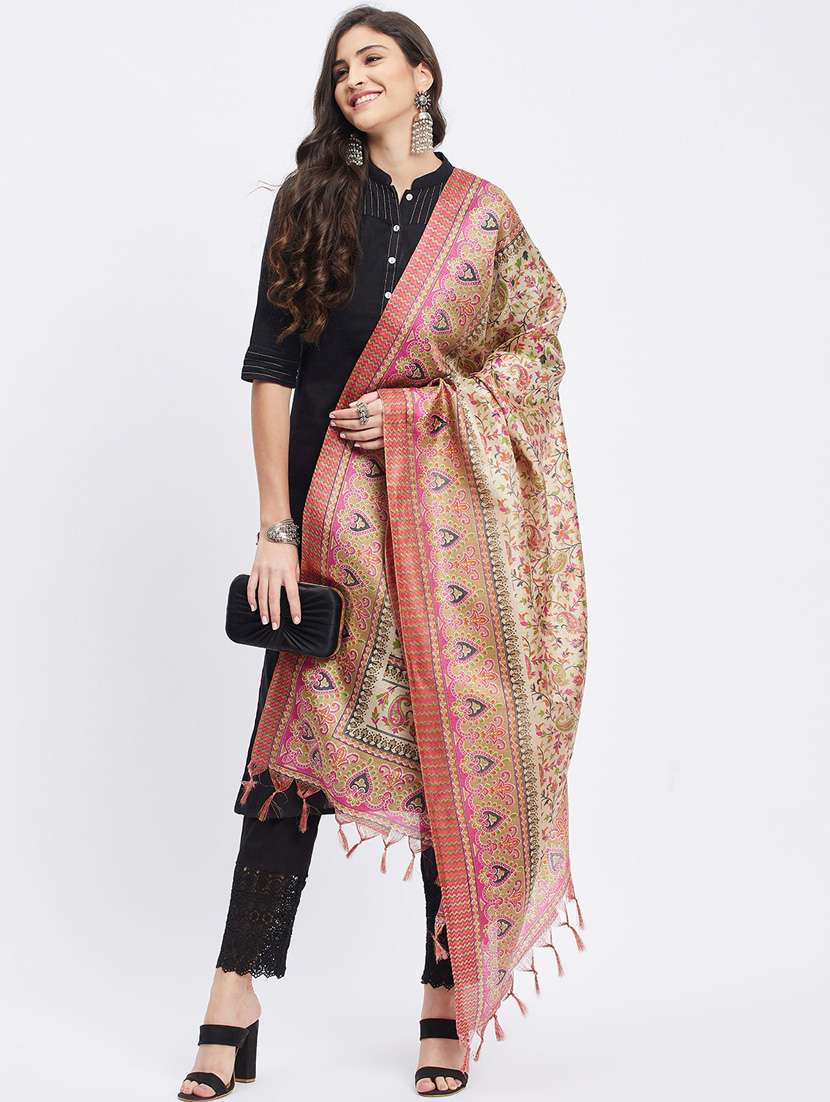 beige floral print dupatta with fringes - 19955261 -  Standard Image - 3