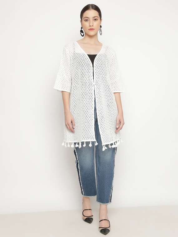Buy online White Lace Three Quater Sleeves Long Shrug from Capes