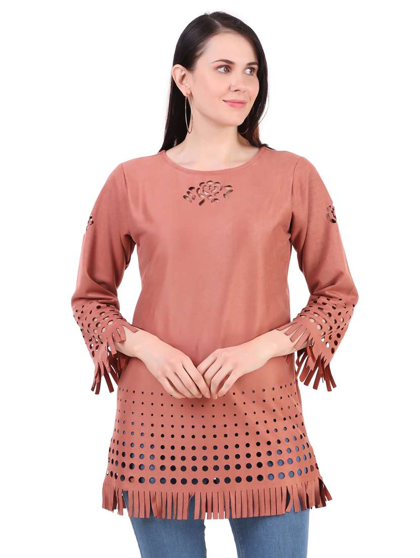 brown self designed round neck regular tunic - 19957385 - Zoom Image - 0