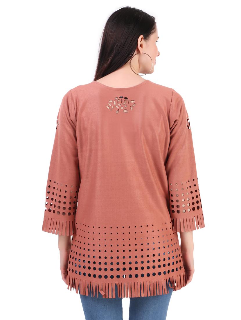 brown self designed round neck regular tunic - 19957385 - Standard Image - 3