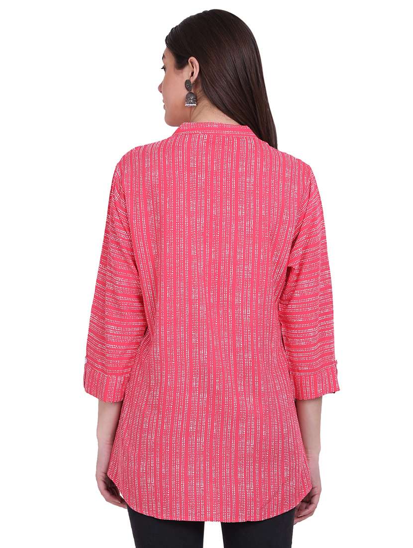 pink printed mandarin neck side slit regular tunic - 19957386 -  Standard Image - 3