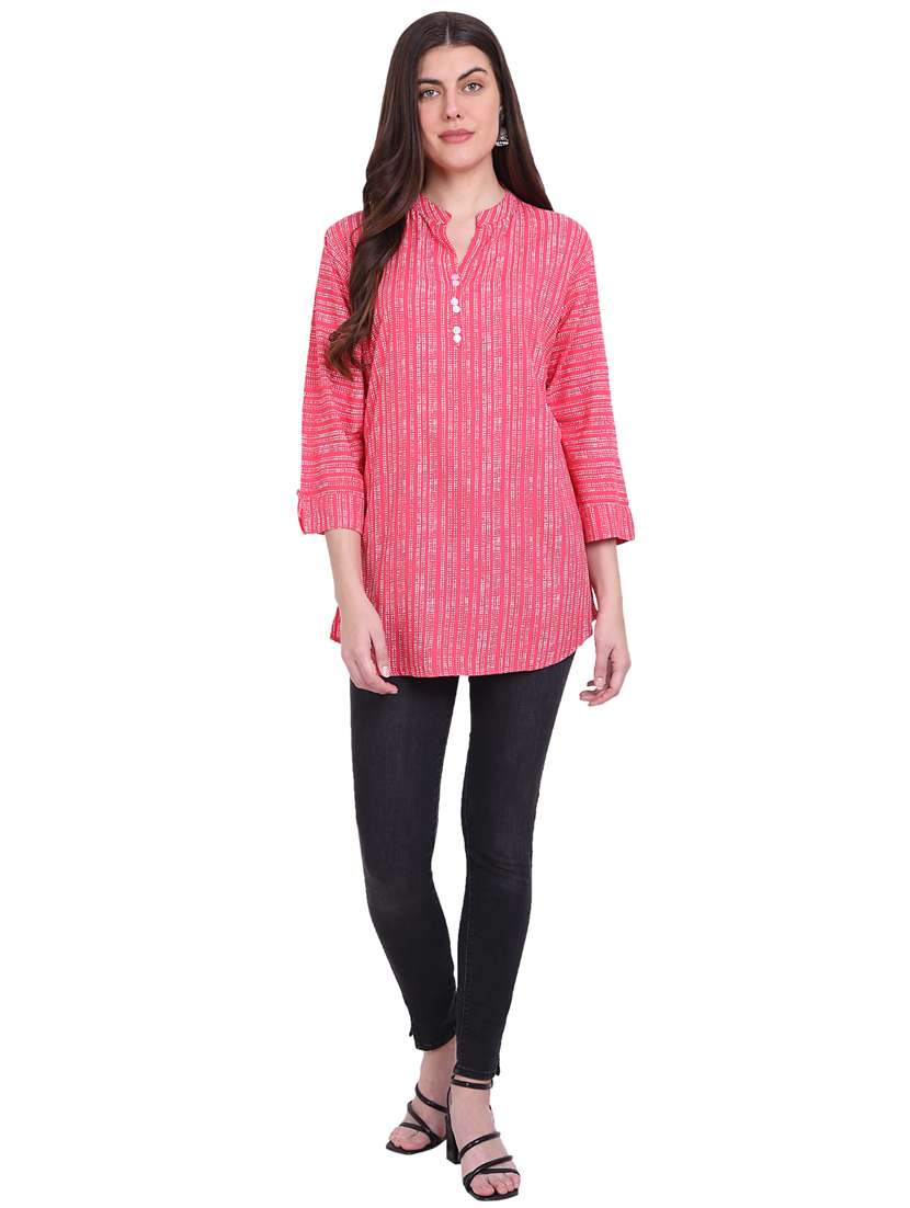 pink printed mandarin neck side slit regular tunic - 19957386 -  Standard Image - 5