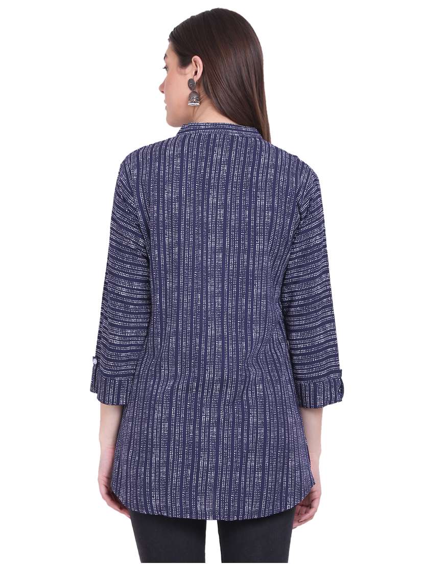 blue printed mandarin neck side slit regular tunic - 19957387 -  Standard Image - 3