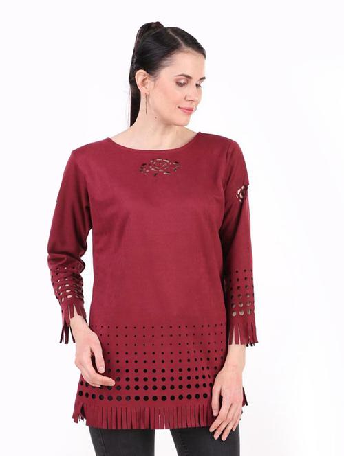 maroon self designed round neck regular tunic - 19957388 - Standard Image - 0