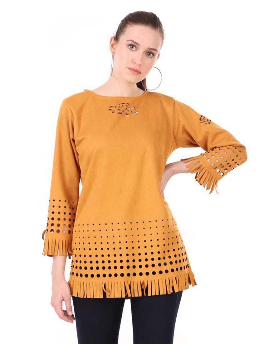yellow self designed round neck regular tunic - 19957390 -  Zoom Image - 0