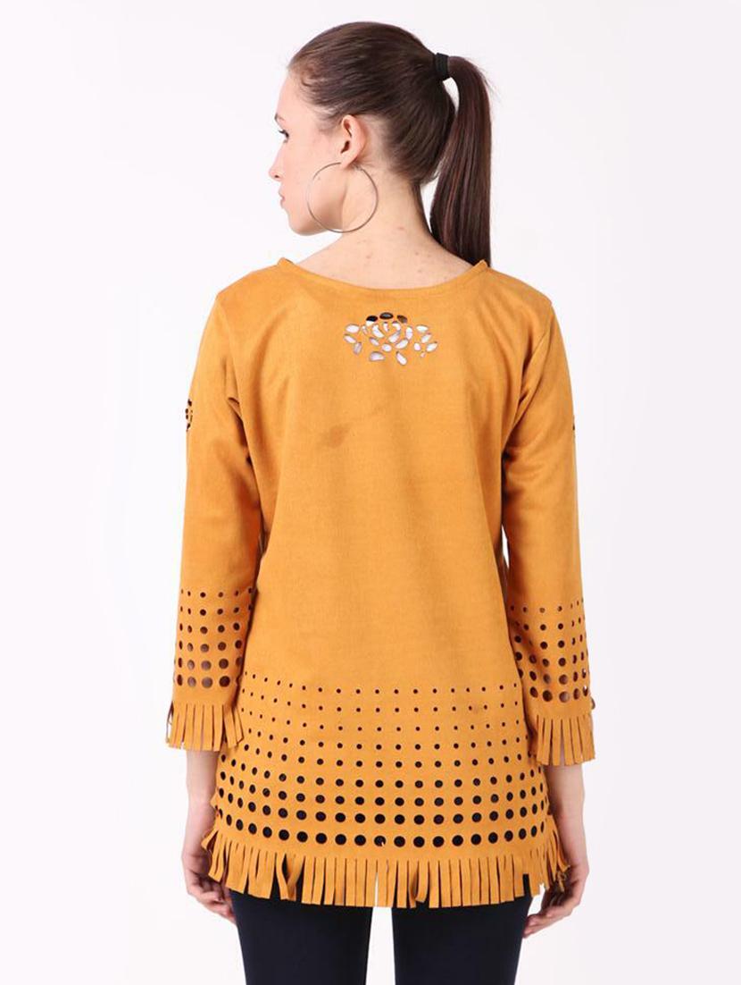 yellow self designed round neck regular tunic - 19957390 - Standard Image - 3