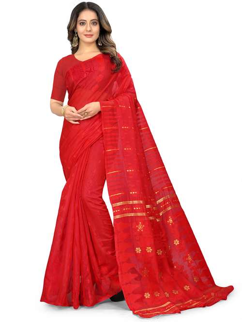red self design jamdani saree - 19957568 -  Standard Image - 0