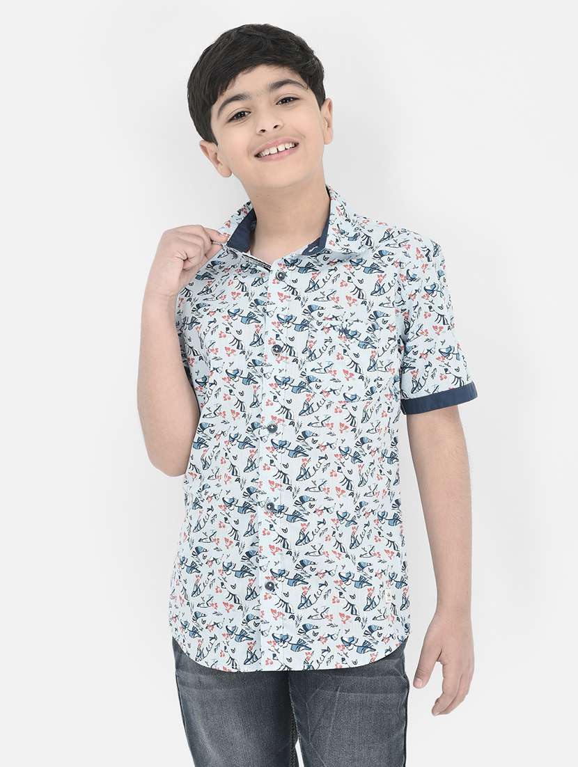 blue printed short sleeve casual shirt