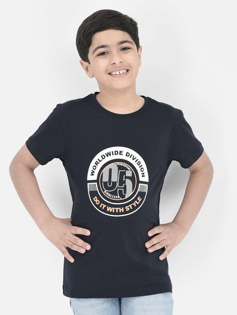 navy blue printed round neck t-shirt