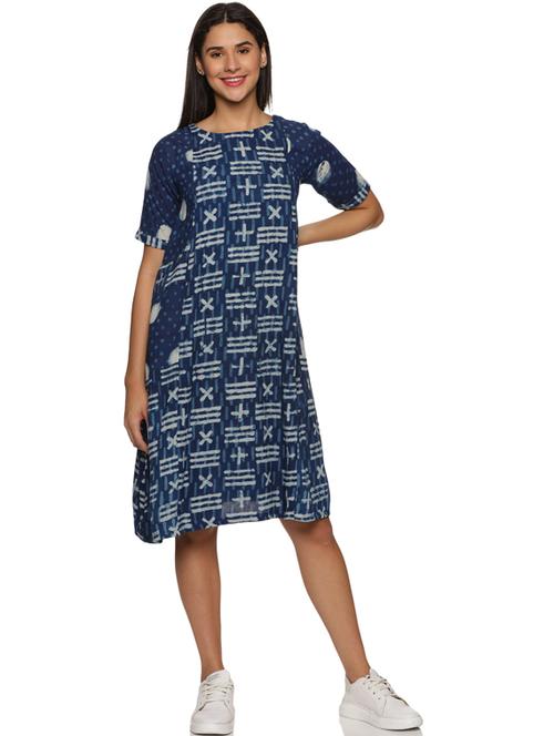 blue round neck printed a-line ethnic dress - 19962004 -  Standard Image - 0