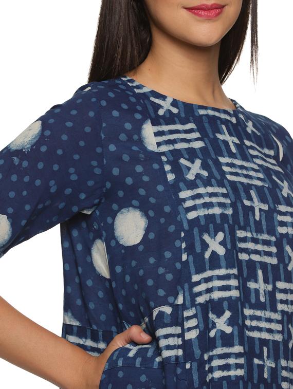 blue round neck printed a-line ethnic dress - 19962004 - Standard Image - 3