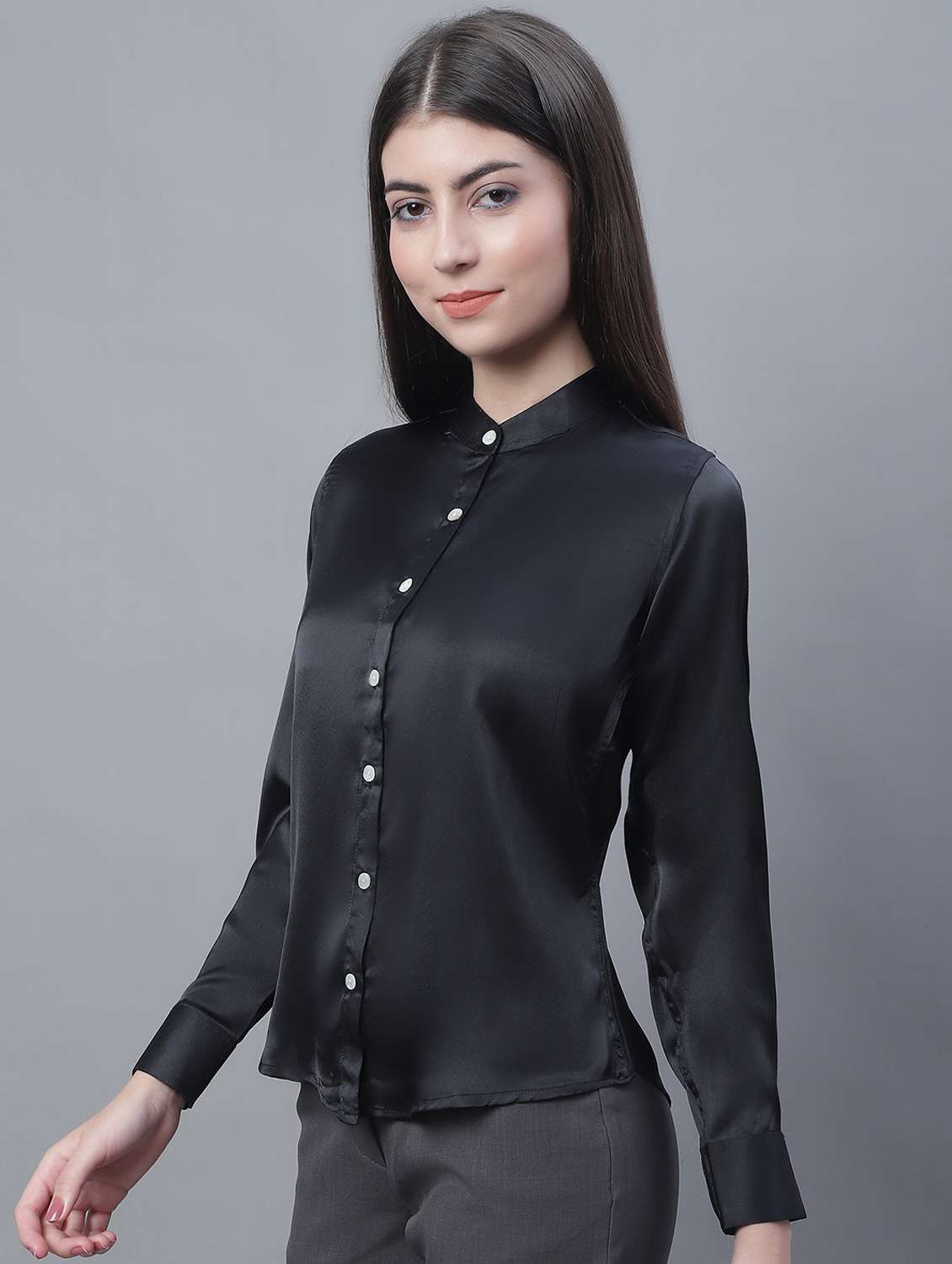 black solid mandarin neck regular top - 19962968 -  Zoom Image - 0