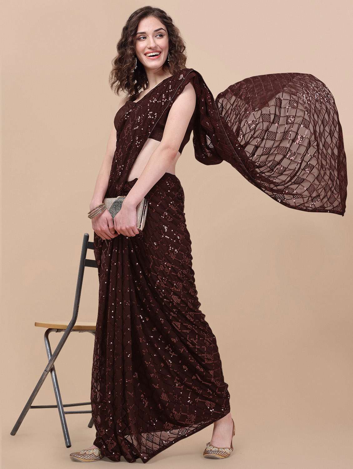 brown self design georgette saree - 19963401 -  Standard Image - 3