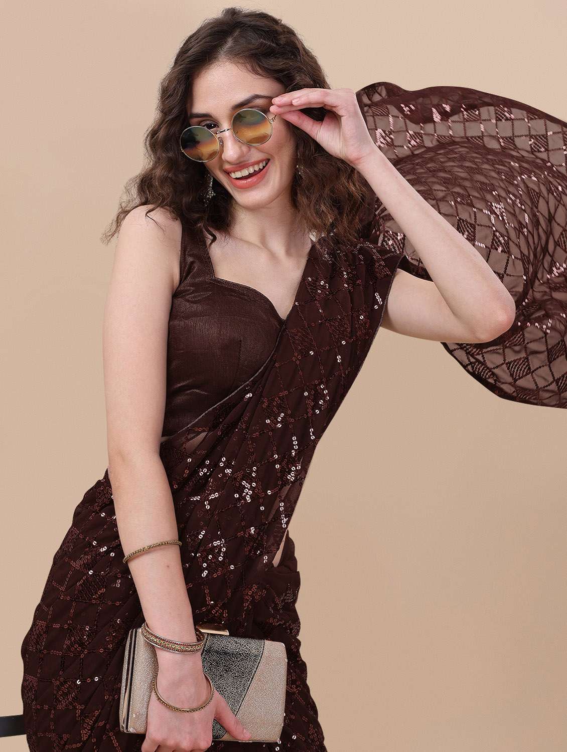 brown self design georgette saree - 19963401 -  Standard Image - 5