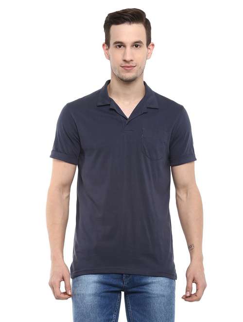 blue solid short sleeve polo neck t-shirt - 19964022 - Standard Image - 0
