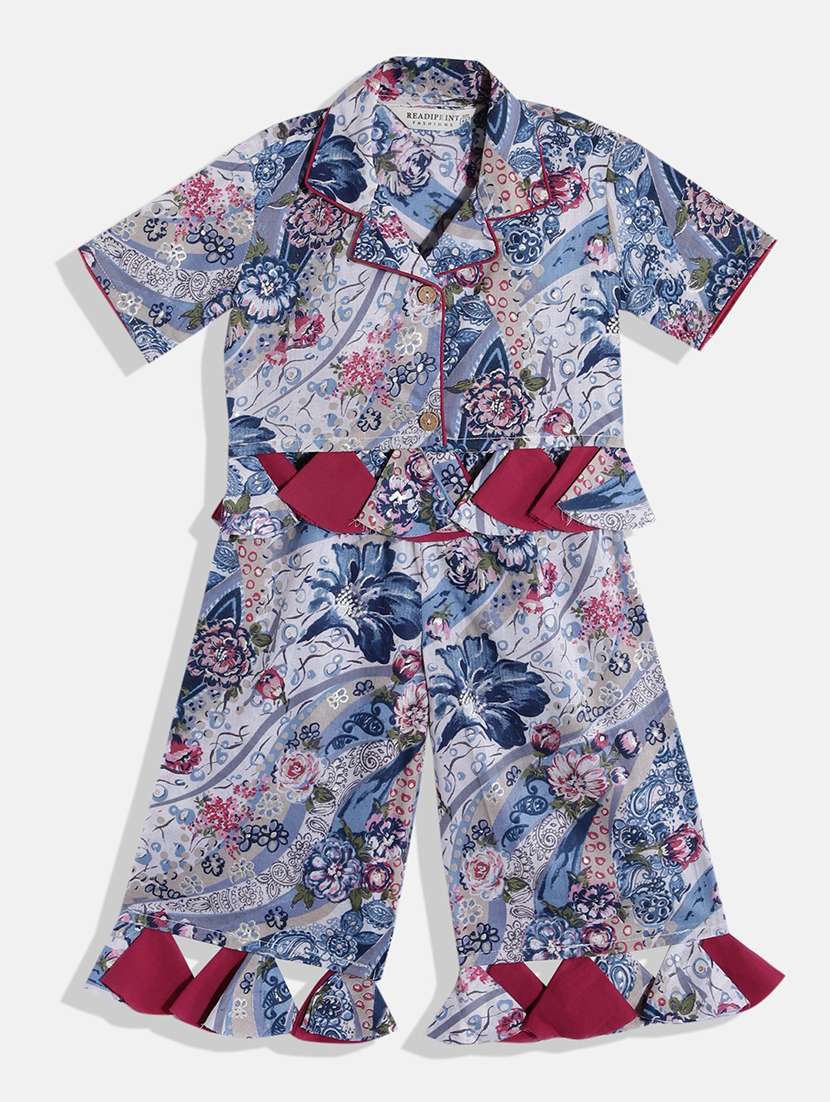 blue printed cotton twin set